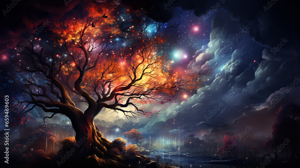 Wall mural huge trees of life blend with psychedelic colored galaxies with stars, galaxy clouds 3d generative a