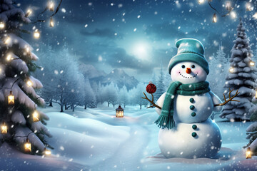 Under the starry night sky, our snowman takes on a mystical aura, a creature of dreams.

