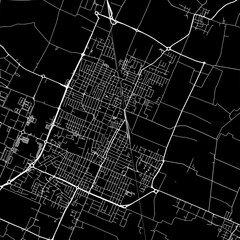 1:1 square aspect ratio vector road map of the city of  Carpi in Italy with white roads on a black background.