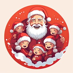illustration of Santa Claus surrounded by happy children. 