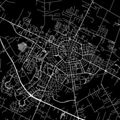 1:1 square aspect ratio vector road map of the city of  Latina in Italy with white roads on a black background.