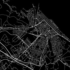 1:1 square aspect ratio vector road map of the city of  Pesaro in Italy with white roads on a black background.