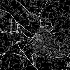 1:1 square aspect ratio vector road map of the city of  Sassari in Italy with white roads on a black background.