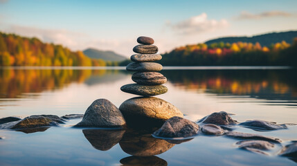 Balancing stones and landscape with the lake and trees with autumn color