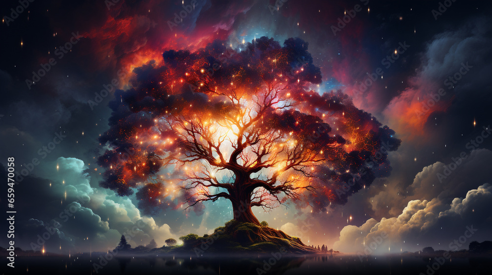 Wall mural huge trees of life blend with psychedelic colored galaxies with stars, galaxy clouds 3d generative a