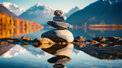 Balancing stones and landscape with lake and mountains - obrazy, fototapety, plakaty