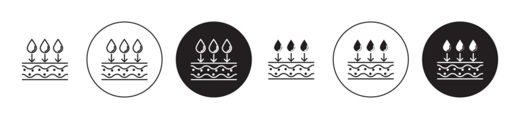 Line icon set for fast moisture absorption. Water absorb fabric layer symbol in black filled style.