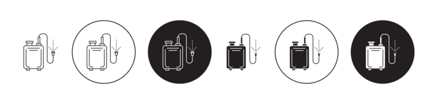 Vector icon set for pressure sprayer. Pesticide spray pump symbol in black color. Suitable for apps and websites UI designs.