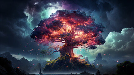 huge trees of life blend with psychedelic colored galaxies with stars, galaxy clouds 3d generative ai