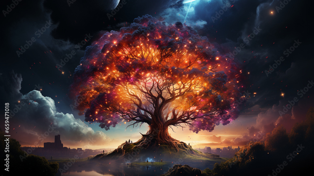 Wall mural huge trees of life blend with psychedelic colored galaxies with stars, galaxy clouds 3d generative a