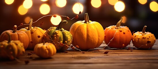 Various small pumpkins decorated with lights on a wooden table