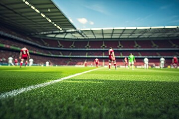 Obraz premium Huge stadium with footballplayers during a match.
