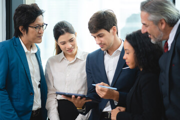 Obraz premium Business people, teamwork and meeting for strategy, planning or corporate brainstorming discussion at office. Group of employees in team collaboration or communication in conference at the workplace