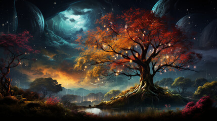Obraz na płótnie Canvas huge trees of life blend with psychedelic colored galaxies with stars, galaxy clouds 3d generative ai