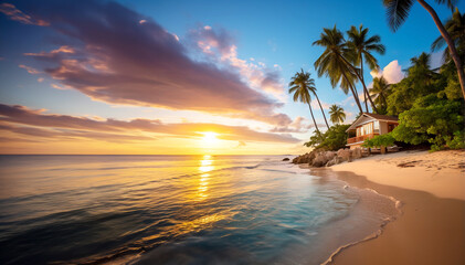 Fototapeta premium A serene tropical beach with clear blue waters and palm trees stunning nature scenery at sunset