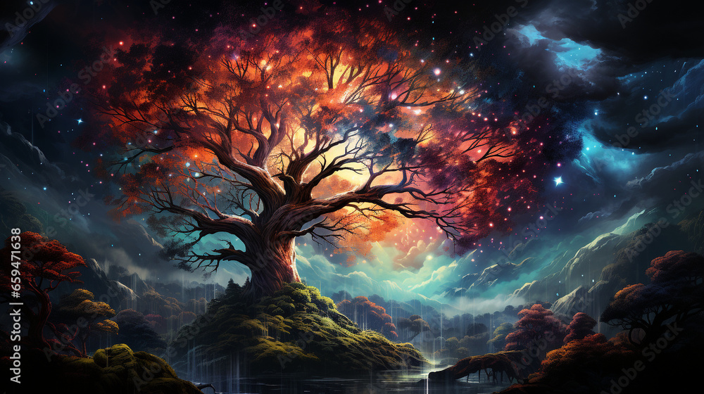 Wall mural huge trees of life blend with psychedelic colored galaxies with stars, galaxy clouds 3d generative a