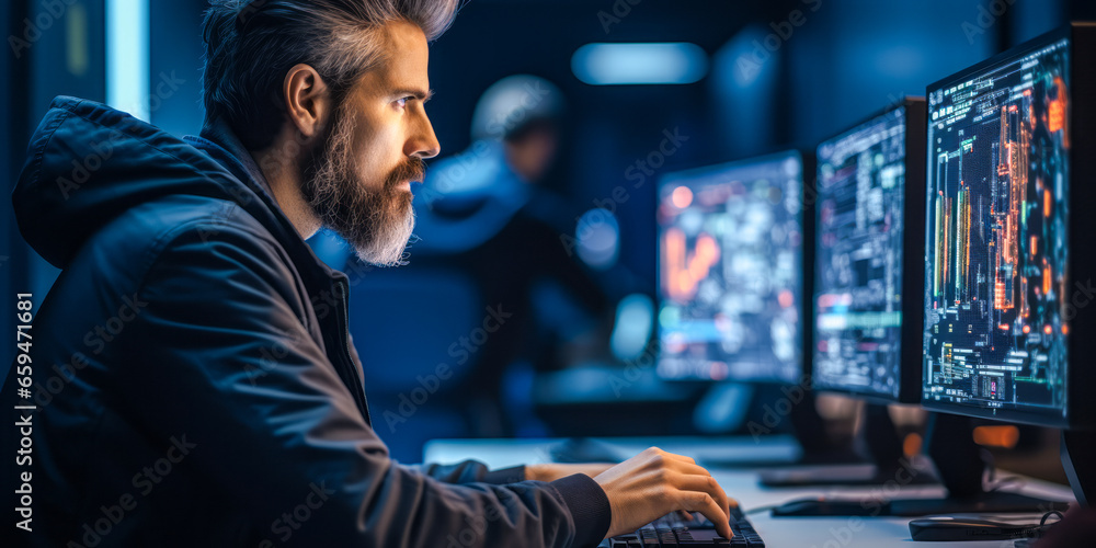Poster portrait of a skillful computer systems engineer-architect managing integration