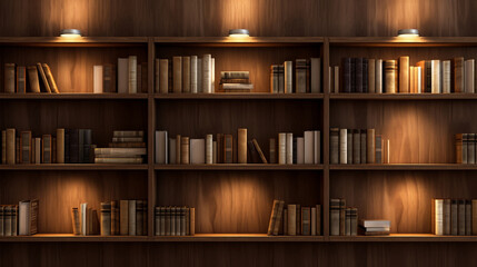 Bookshelves with glowing lights in the dark abstract background