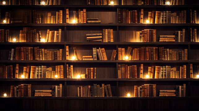 Bookshelves with glowing candles in the dark abstract background