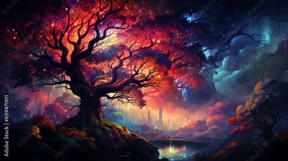 Wall mural huge trees of life blend with psychedelic colored galaxies with stars, galaxy clouds 3d generative a
