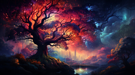 huge trees of life blend with psychedelic colored galaxies with stars, galaxy clouds 3d generative...
