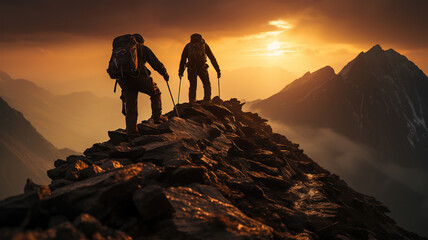 Travelers Climb One After Another On Rock. Teamwork Climbers, Hiking Fitness And Adventure,...