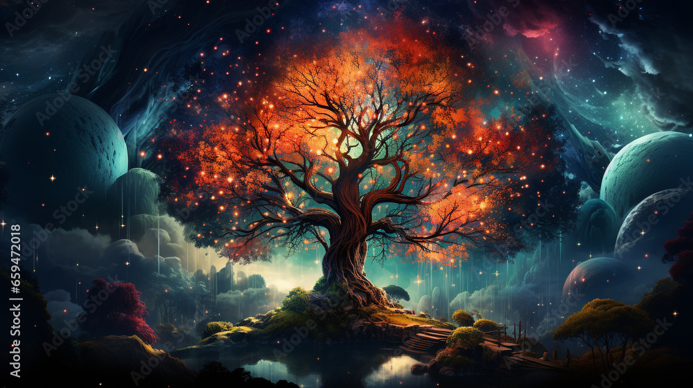 Wall mural huge trees of life blend with psychedelic colored galaxies with stars, galaxy clouds 3d generative a