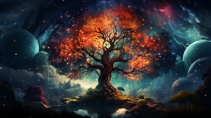 huge trees of life blend with psychedelic colored galaxies with stars, galaxy clouds 3d generative...