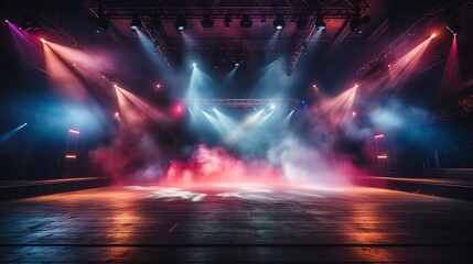 Empty night club stage illuminated with red and blue spotlights. Retro dance floor. Scene with laser beams, lamps ,billowing smoke. Disco dancing area interior. Party background