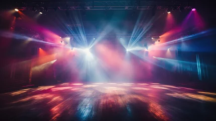 Foto op Plexiglas Empty night club stage illuminated with red and blue spotlights. Retro dance floor. Scene with laser beams, lamps ,billowing smoke. Disco dancing area interior. Party background © Irina Sharnina