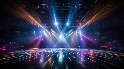 Fototapeta na wymiar Empty night club stage illuminated with red and blue spotlights. Retro dance floor. Scene with laser beams, lamps , disco dancing area interior