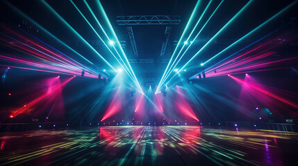 Empty night club stage illuminated with red and blue spotlights. Retro dance floor. Scene with laser beams, lamps , disco dancing area interior