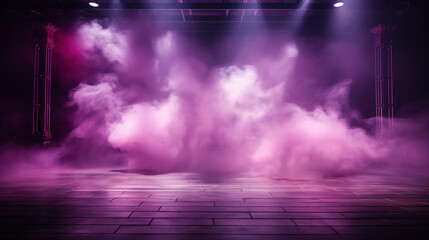 Empty night club stage illuminated with pink spotlights. Retro dance floor. Scene with laser beams, lamps ,billowing smoke. Disco dancing area interior. Party background