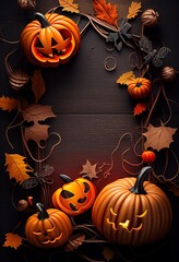 halloween holiday banner, halloween accessories at wooden