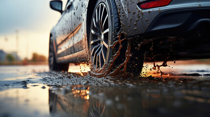 The car drives through puddles after the rain. Close-up of car tires and splashes of water on wet asphalt in the rain. Driving extreme - obrazy, fototapety, plakaty