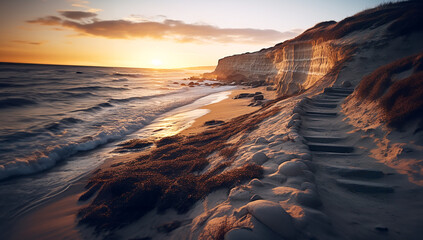 Sandy beach next to the Atlantic Ocean, limestone cliffs and ocean waves at sunrise on a winter day - obrazy, fototapety, plakaty