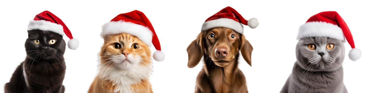 Set of Christmas dogs and cats with Santa Claus hats for pet shop banners and veterinary clinic promotions on transparent background, png - Generative AI