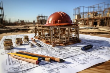 Construction plans with helmet and other tools on wooden table. Construction concept