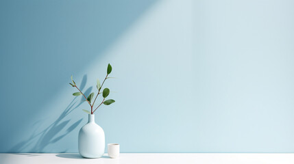 vase with green leafed plant on the white surface with a light blue background, minimal interior and copy space