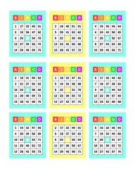 Bingo colorful cards vector illustration isolated on white background. Lottery game tickets