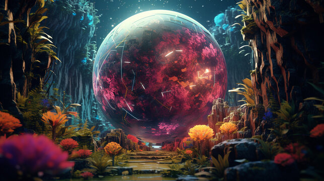 incredibly detailed planets, weird and colorful cyberpunk all in psychedelic colors 3d generative ai