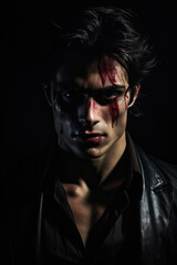 Obraz premium handsome mysterious vampire with sharp bloody fangs, teeth, canines. Immortal Dracula. serious expression. bloody face. dripping blood. black leather jacket. black hair. square jaw cheekbone. 