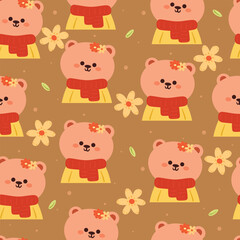 seamless pattern cartoon bear wearing scarf. cute animal wallpaper with flower illustration for gift wrap paper, winter wallpaper