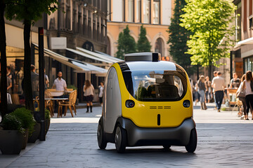 Fototapeta premium Modern mini-size electric car on the street in the city, Beautiful Futuristic vehicle design, Sustainable mobility