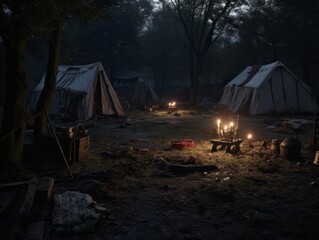 camping in the mountains at night with a lot of lanterns