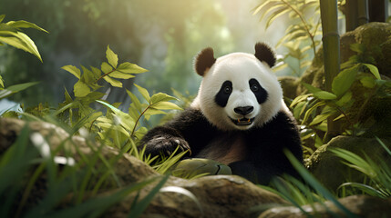 Fototapeta premium panda eating bamboo, panda, zoo, eating, white, Ai generated 