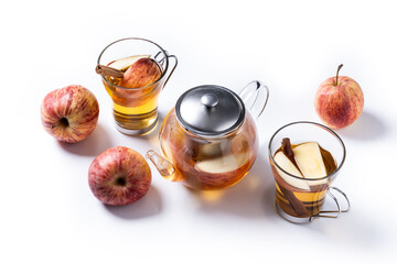 Hot apple drink with spices isolated on white background