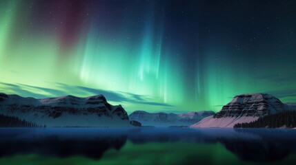 the night sky showcases the majestic aurora borealis and stars, painting it in green hues of the northern lights