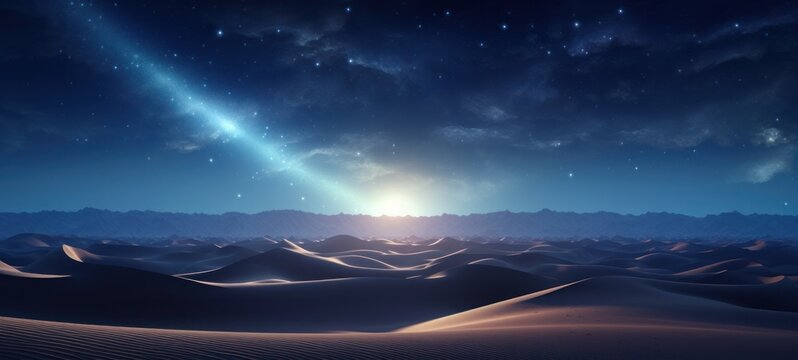 night desert landscape with blue gradient starry sky