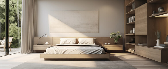 Modern bedroom interior design. 3d render illustration mockup.